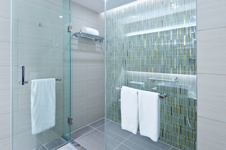 glass panel shower walls and door with no sill