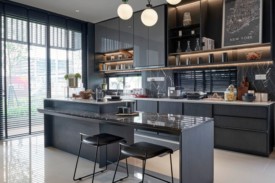 grey modern kitchen with wood accents and globe hanging lights